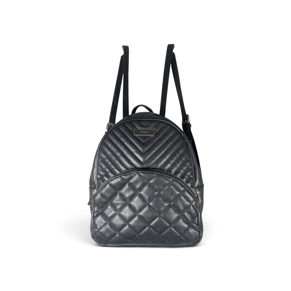 Aldo Black Quilted Mini Backpack Gold Hardware Chevron Diamond Faux Leather Bag